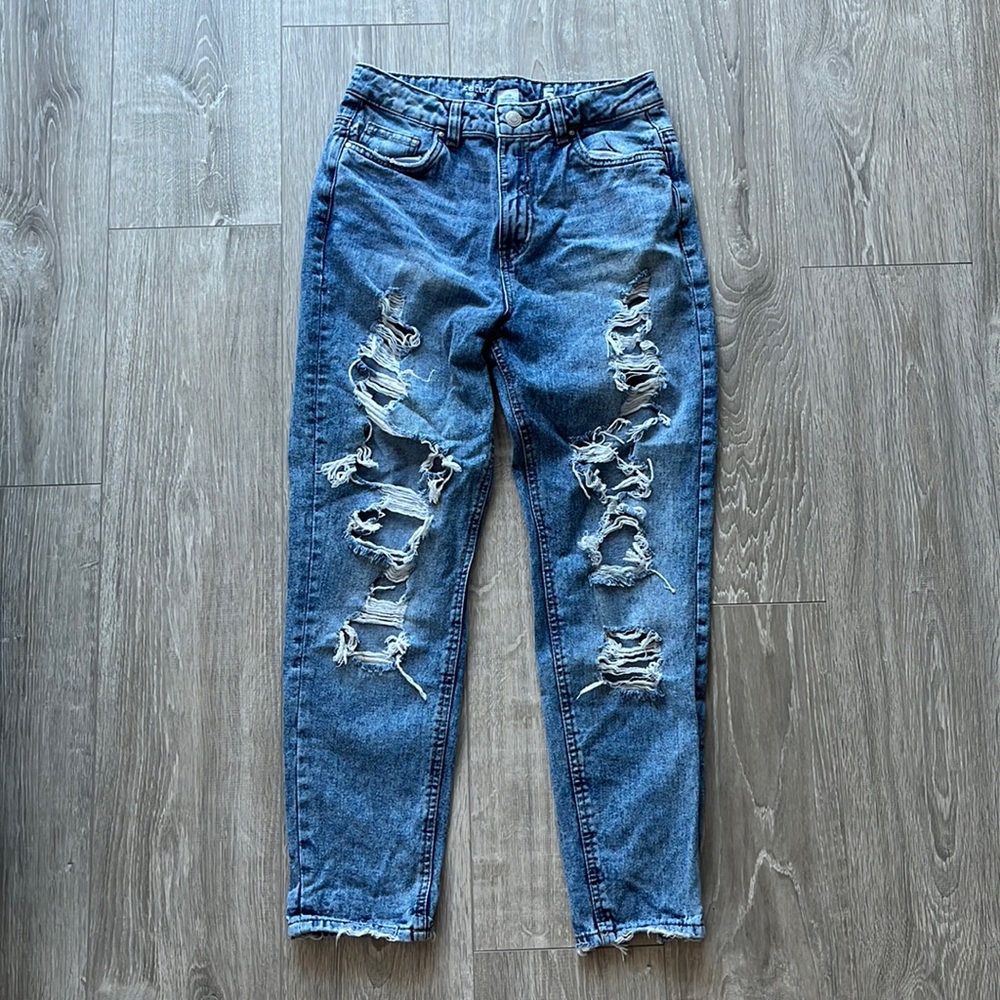 Dark Wash Distressed High Rise Mom Jean